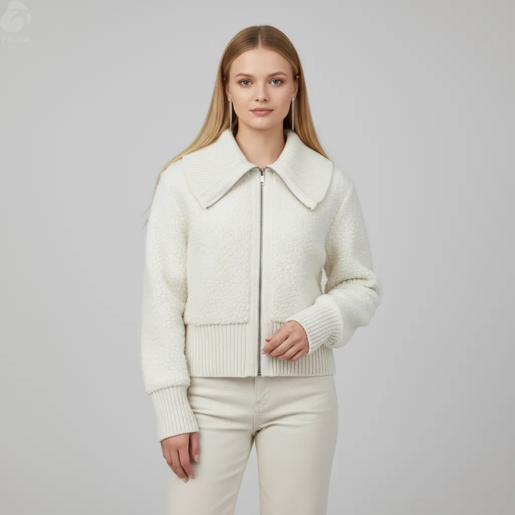 Women's Ivory Sherpa-Knit Cropped Jacket with Wide Collar & Full Zip