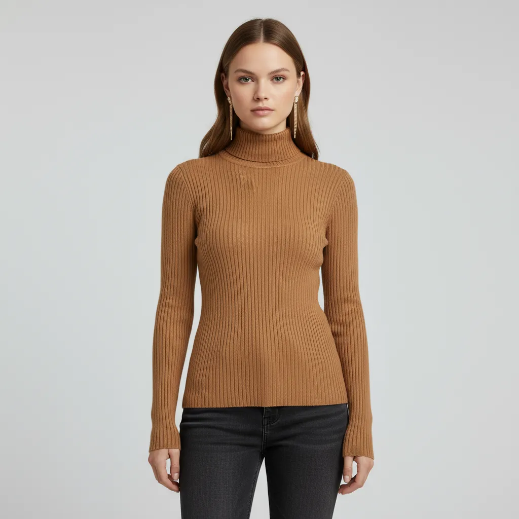 Women's Camel Ribbed Turtleneck Slim-Fit Sweater - Custom Timeless Basic Apparel