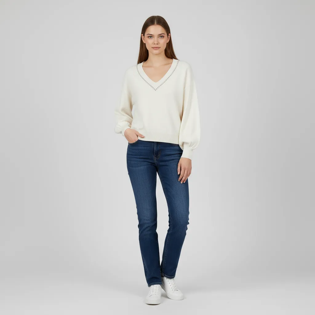 Women's Ivory V-Neck Sweater with Studded Trim & Puff Sleeves - Custom Elegant Casual Apparel