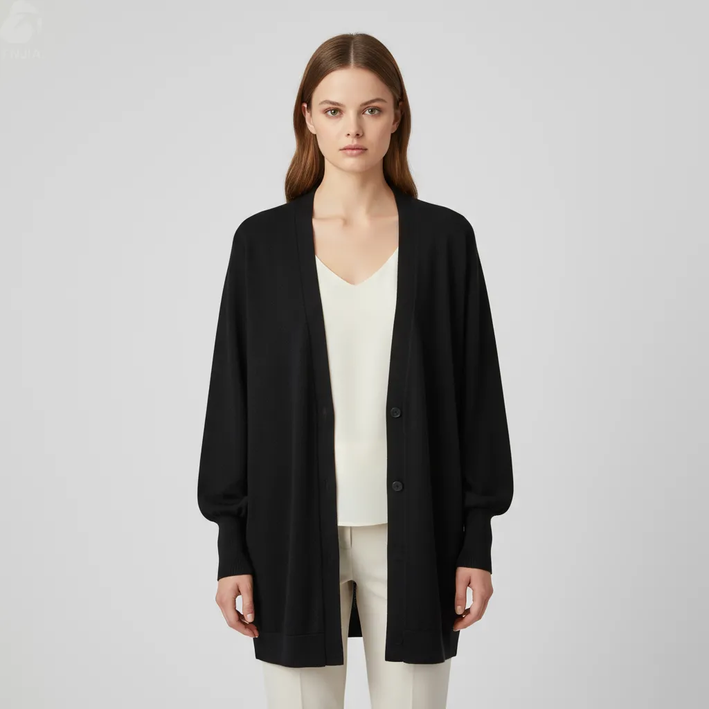 Women's Black Oversized V-Neck Knit Cardigan with Puff Sleeves - Custom Minimalist Versatile Apparel