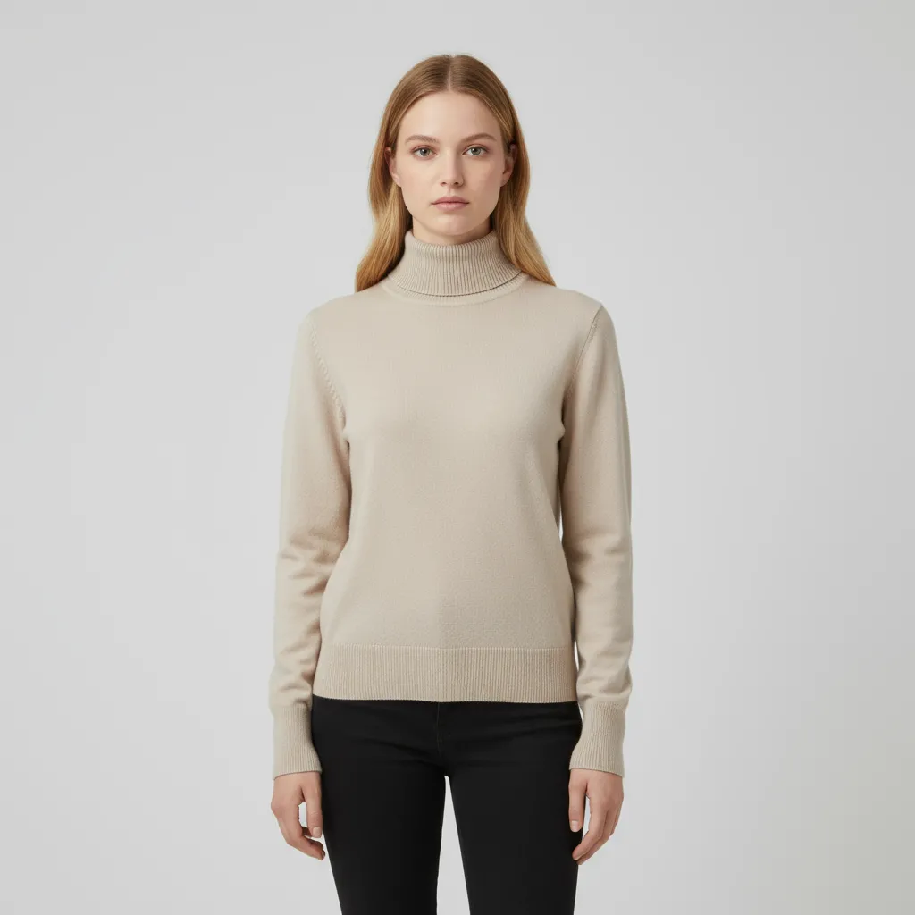 Women's Beige Slim-Fit Turtleneck Sweater - Custom Timeless Basic Apparel