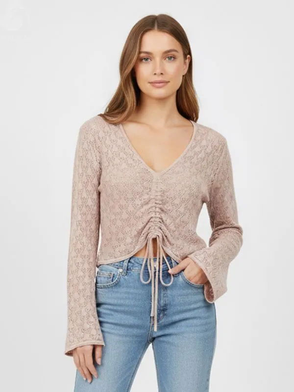 Women's Blush Lace-Knit Ruched Cropped Cardigan - Custom Romantic Casual Apparel