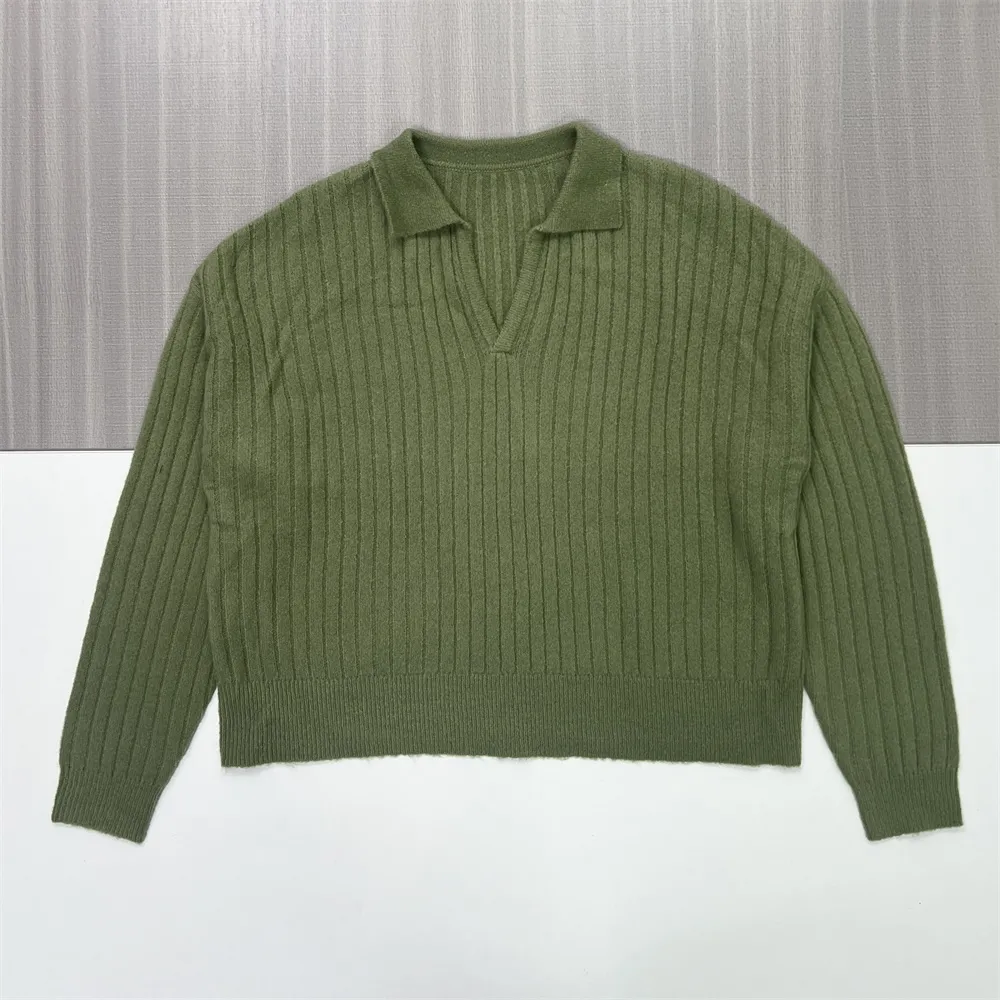 Women's Olive Green Ribbed Polo Collar Long-Sleeve Knit Top - Custom Relaxed Casual Apparel