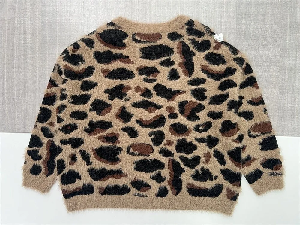 Women's Leopard Print Shaggy Knit V-Neck Cardigan with Pockets