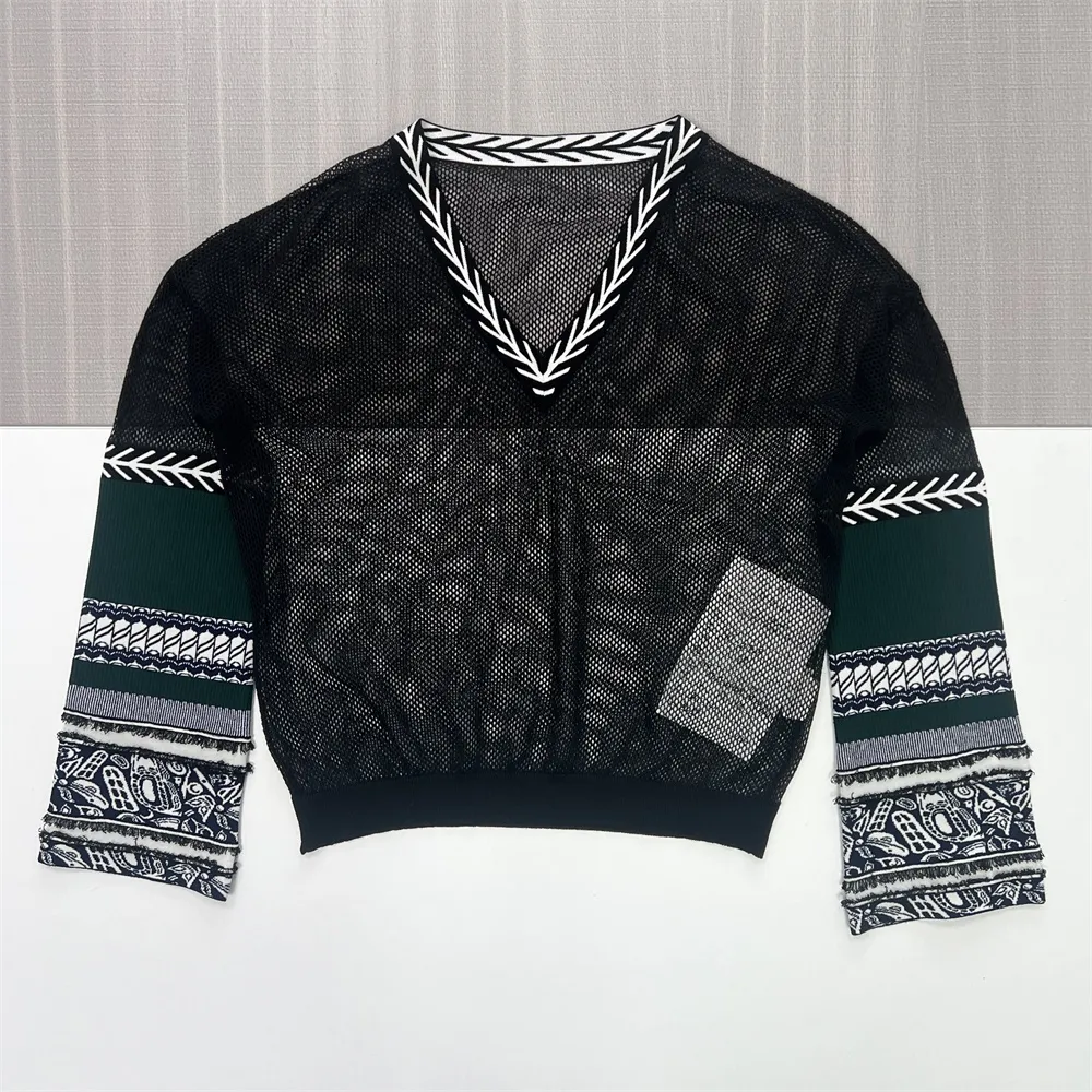Women's Black Mesh V-Neck Sweater with Patterned Sleeves - Custom Bohemian Casual Apparel