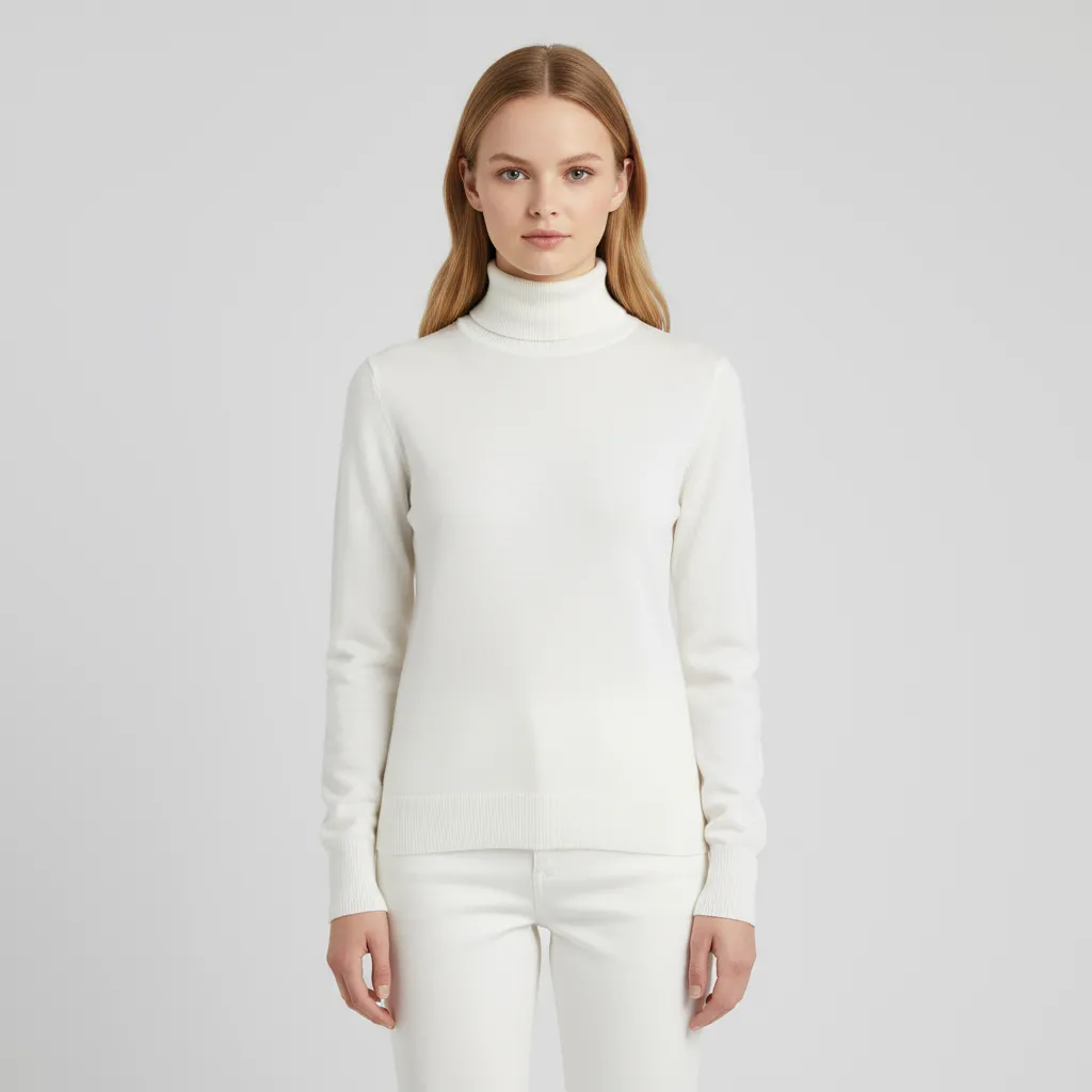 Women's White Slim-Fit Turtleneck Sweater with Subtle Texture - Custom Minimalist Basic Apparel