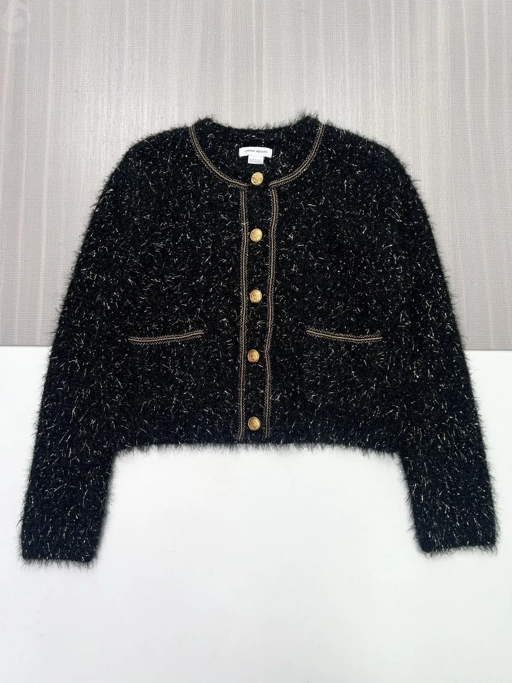Women's Black Shaggy Knit Cropped Cardigan with Gold Button & Trim Details