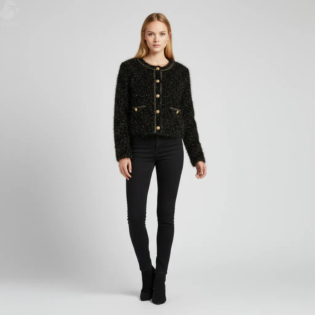 Women's Black Shaggy Knit Cropped Cardigan with Gold Button & Trim Details