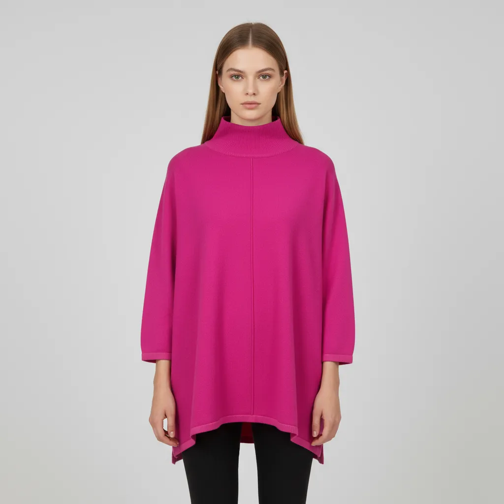 Women's Fuchsia Oversized Turtleneck Poncho Sweater with 3/4 Sleeves - Custom Bold Casual Apparel