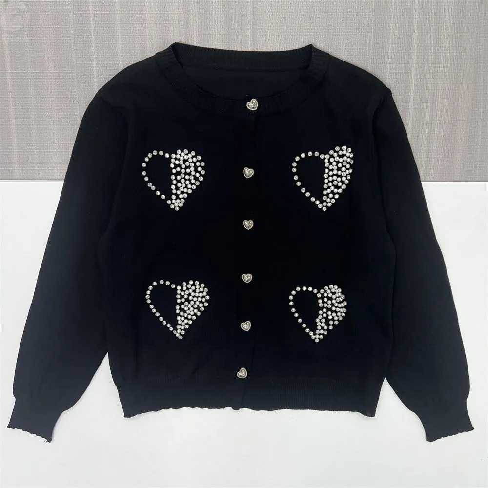 Women's Black Knit Cardigan with Pearl Heart Embellishments - Custom Playful Statement Apparel
