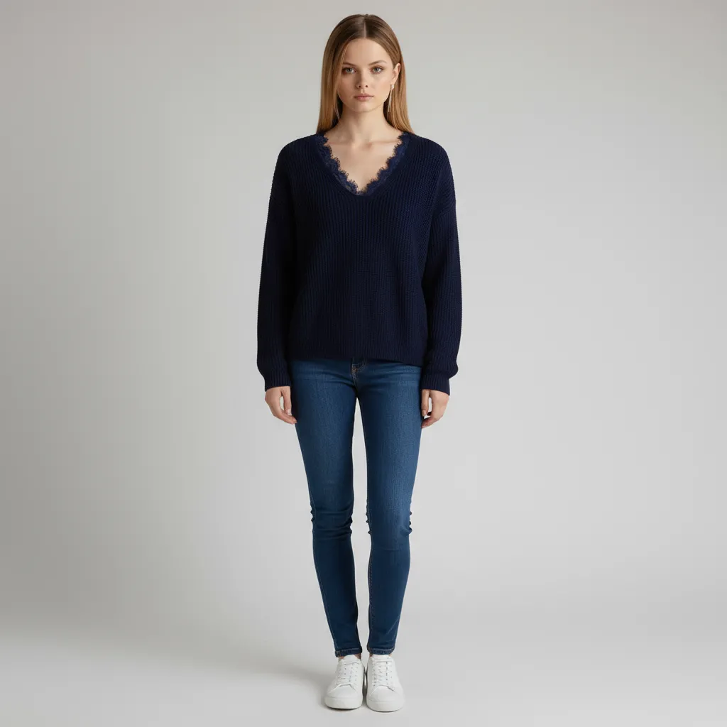 Women's Navy Ribbed V-Neck Sweater with Lace Trim - Custom Feminine Casual Apparel