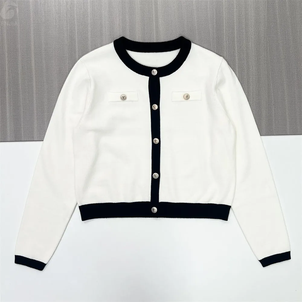 Women's White & Black Contrast Trim Knit Cardigan (Chanel-Style) - Custom Elegant Smart-Casual Apparel