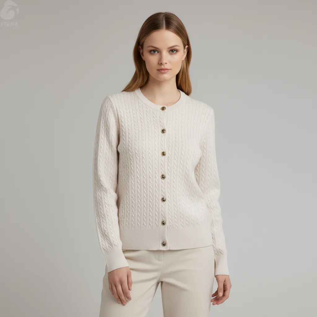 Women's Beige Cable-Knit Crew Neck Cardigan - Custom Classic Textured Apparel