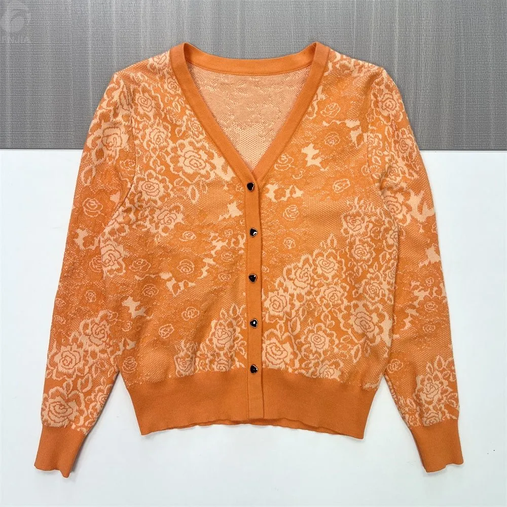 Women's Orange Floral Lace-Knit V-Neck Cardigan - Custom Romantic Elegant Apparel