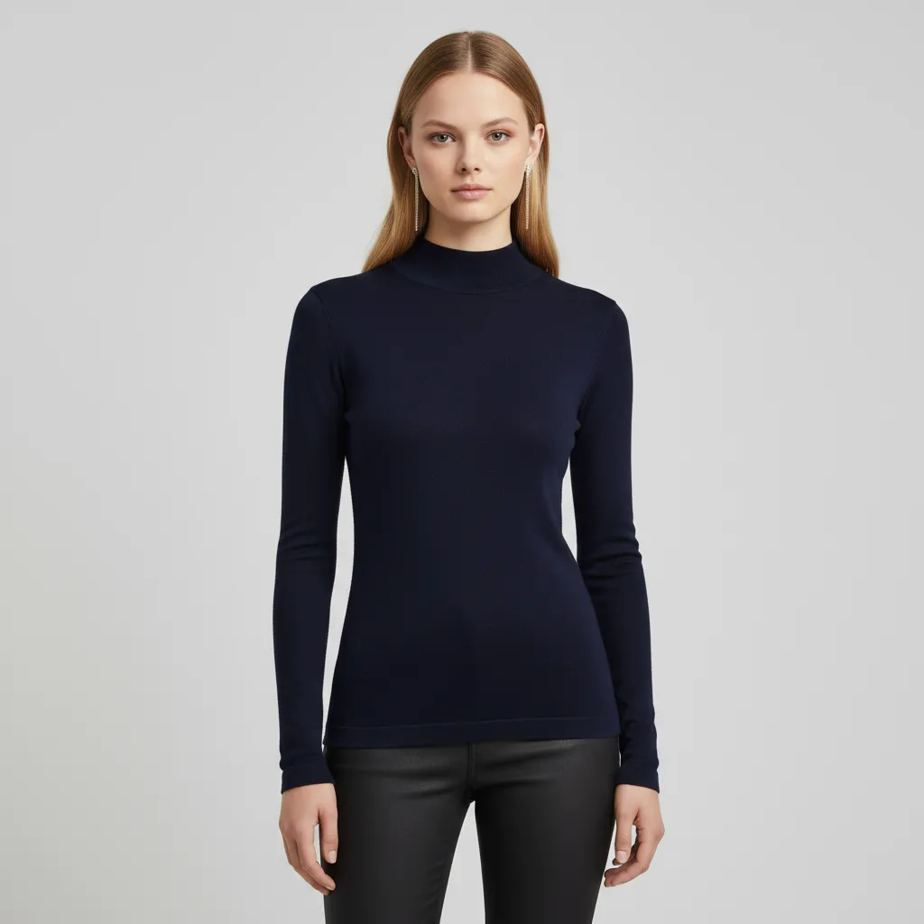 Women's Navy Ribbed Turtleneck Slim-Fit Sweater - Custom Versatile Basic Apparel