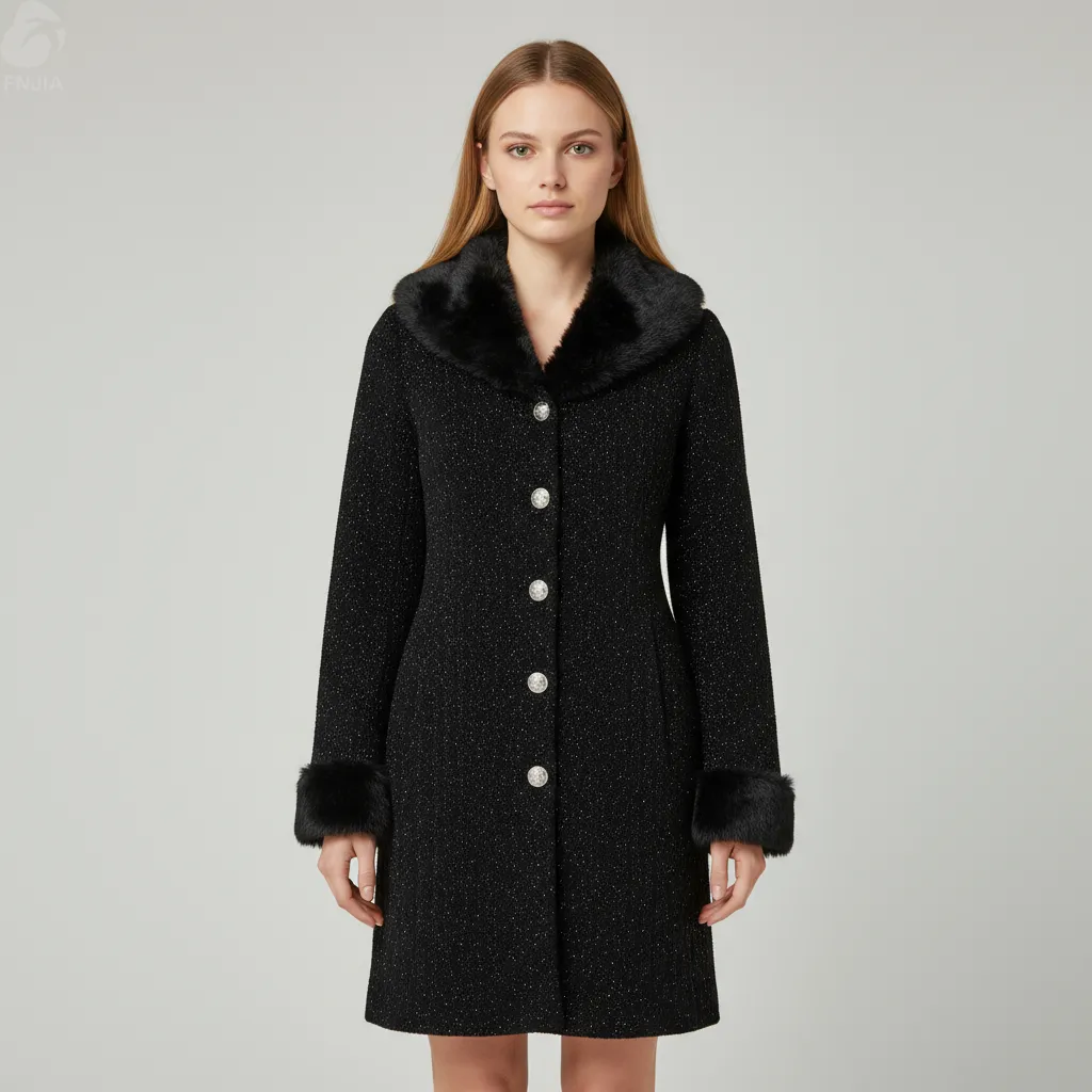 Women's Black Glitter-Knit Coat with Faux Fur Trim - Custom Luxe Statement Outerwear