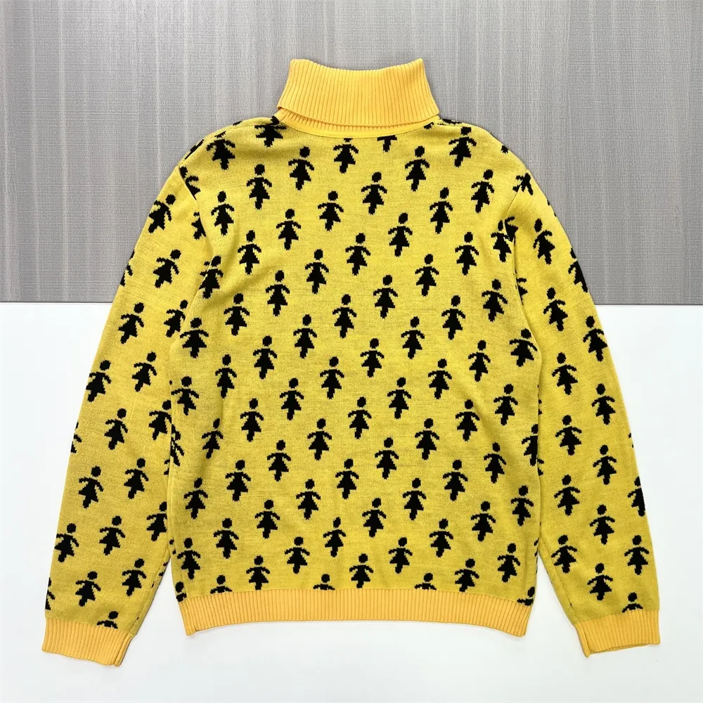 Women's Mustard Yellow Turtleneck Sweater with Custom Figure Pattern - Playful Statement Apparel