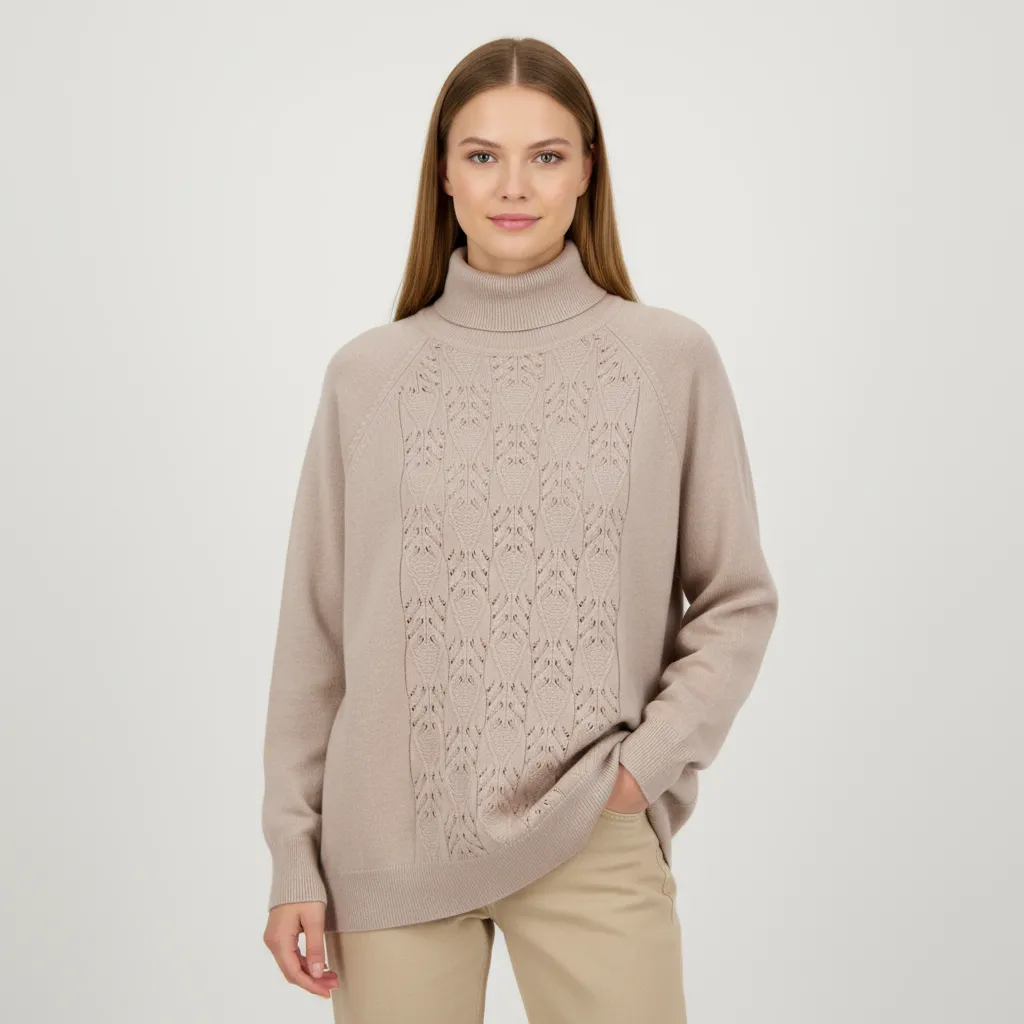 Women's Beige Turtleneck Sweater with Cable Knit & Openwork Detail - Custom Elegant Casual Apparel