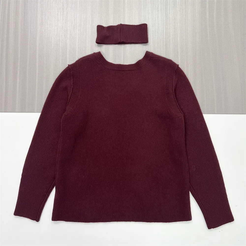 Women's Burgundy Ribbed Cold-Shoulder Sweater with Detachable Choker - Custom Stylish Casual Apparel
