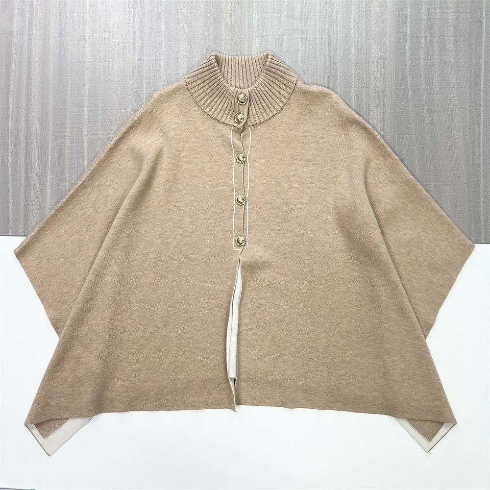 Women's Beige Turtleneck Knit Poncho with Contrast Trim - Custom Elegant Statement Apparel