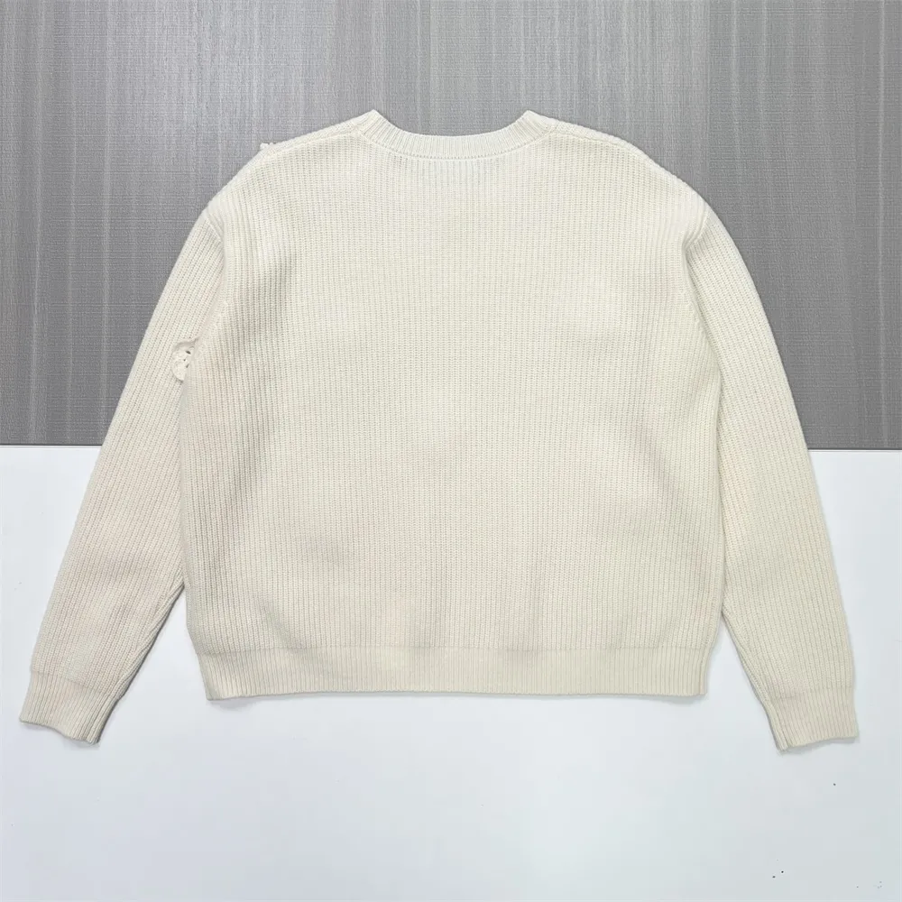 Women's Ivory Ribbed Sweater with 3D Floral Embellishments - Custom Feminine Casual Apparel