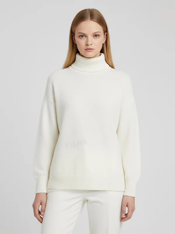 Women's Ivory Oversized Turtleneck Sweater with Puff Sleeves - Custom Elegant Casual Apparel