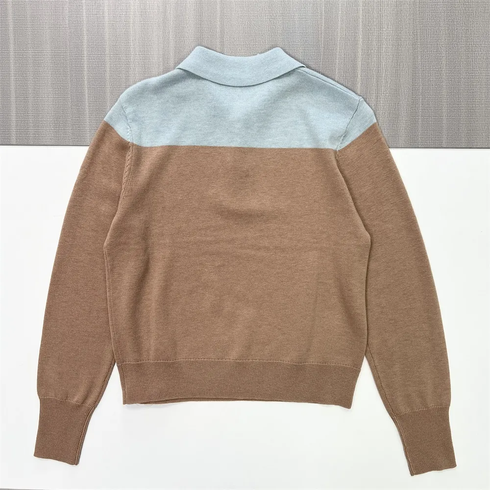 Women's Two-Tone Polo Collar Long-Sleeve Knit Top - Custom Refined Casual Apparel