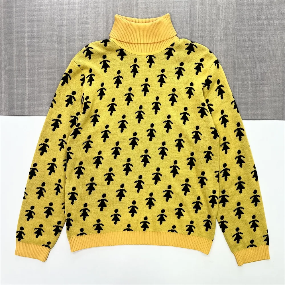 Women's Mustard Yellow Turtleneck Sweater with Custom Figure Pattern - Playful Statement Apparel