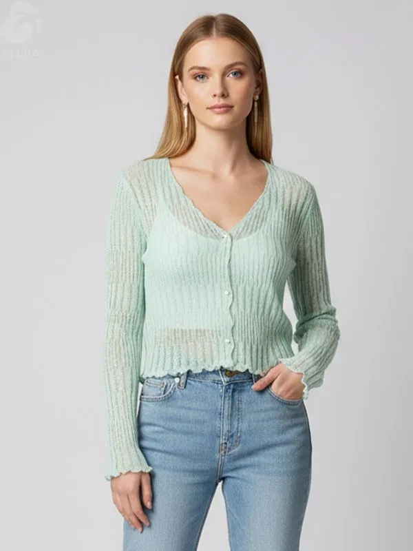 Women's Mint Green Sheer Rib-Knit Cropped Cardigan with Scalloped Hem