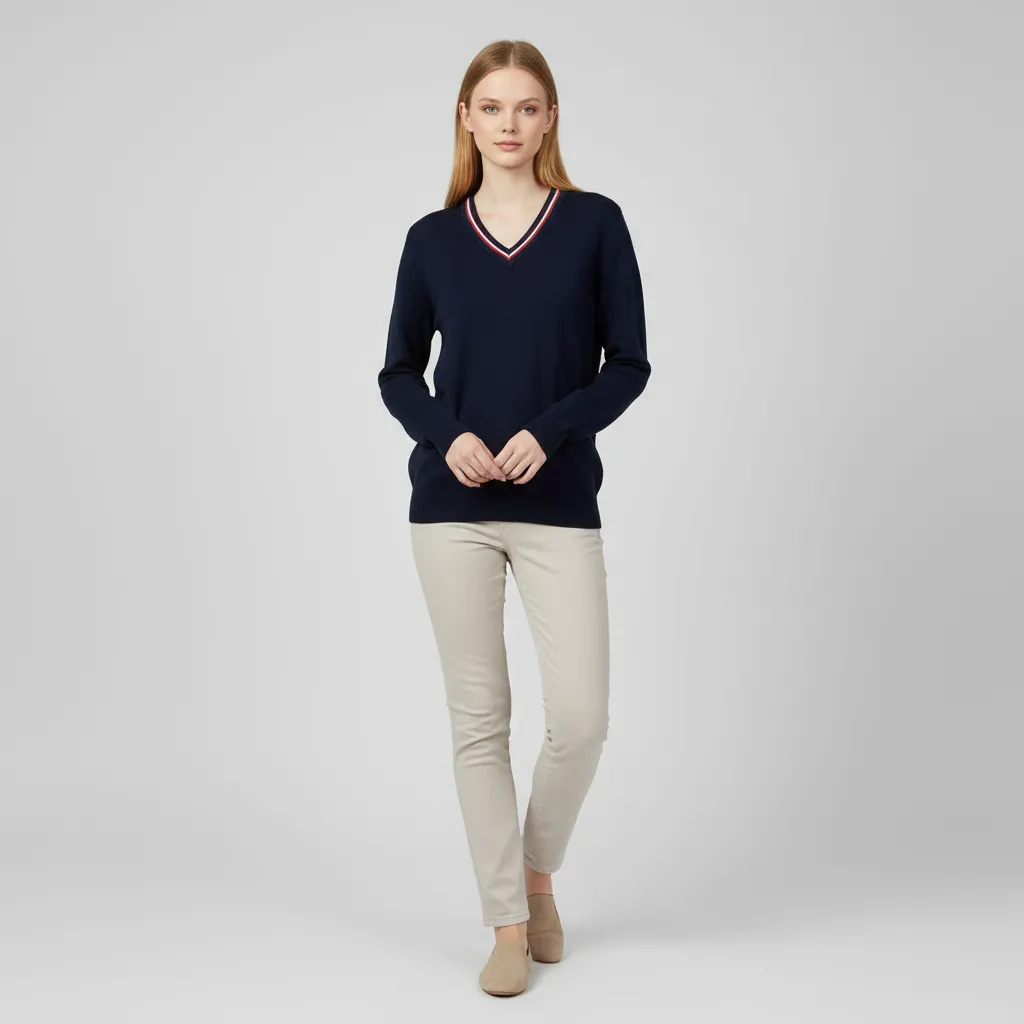 Women's Navy V-Neck Long-Sleeve Knit Sweater - Custom Classic Smart-Casual Apparel