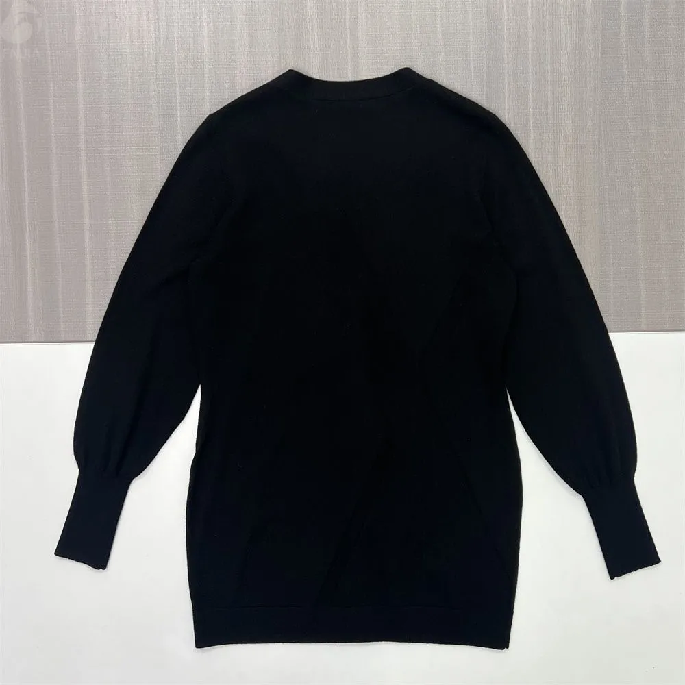 Women's Black Oversized V-Neck Knit Cardigan with Puff Sleeves - Custom Minimalist Versatile Apparel