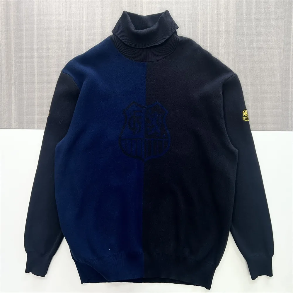 Women's Two-Tone Navy Split Turtleneck Sweater with Custom Emblem - Branded Statement Apparel