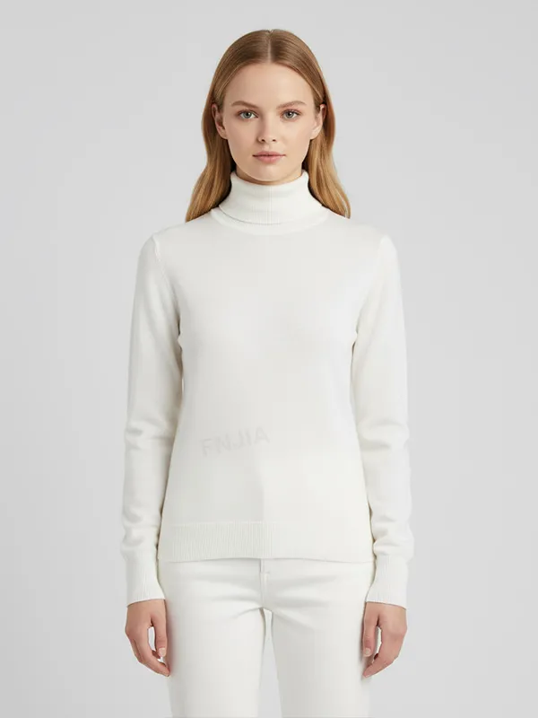 Women's White Slim-Fit Turtleneck Sweater with Subtle Texture - Custom Minimalist Basic Apparel
