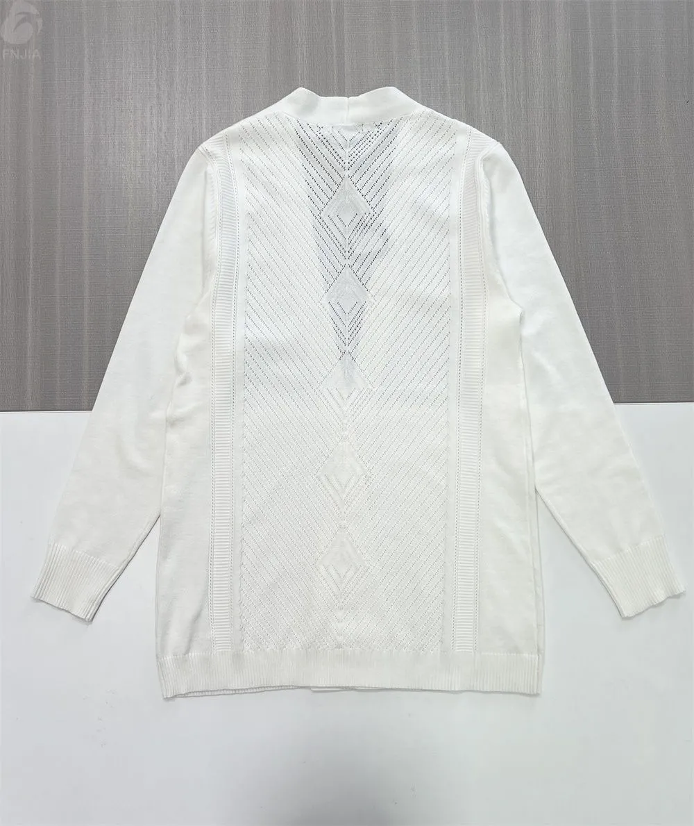 Women's White Open-Front Longline Knit Cardigan with Back Pattern Detail