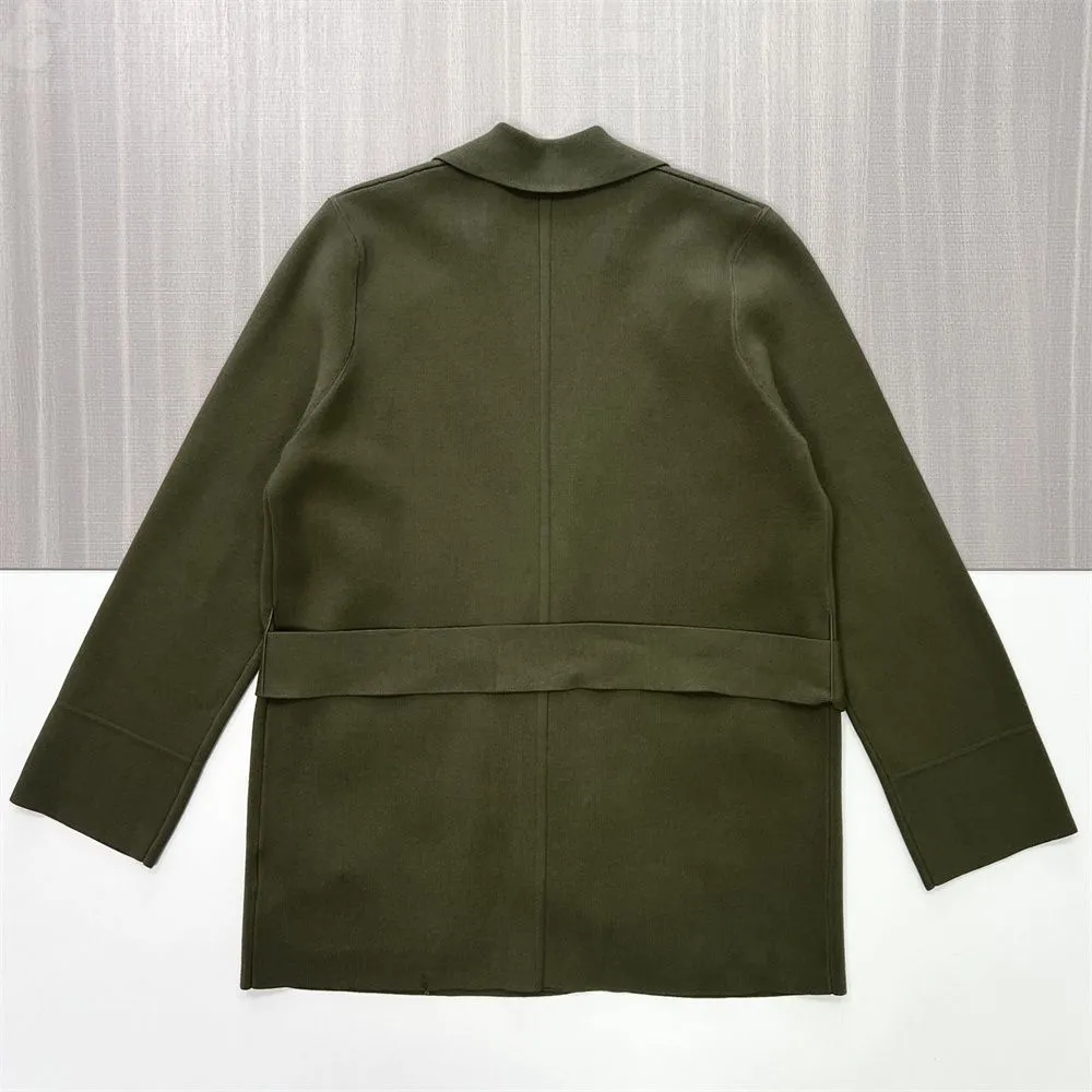 Women's Olive Green Belted Knit Blazer Coat - Custom Versatile Smart-Casual Outerwear