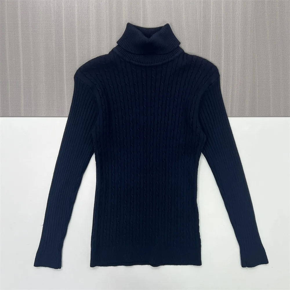 Women's Navy Ribbed Cable-Knit Turtleneck Slim-Fit Sweater - Custom Classic Casual Apparel