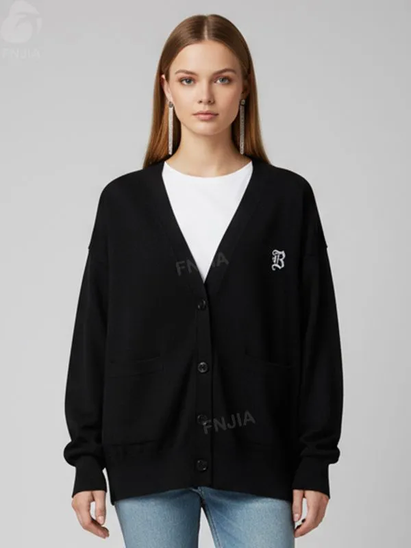 Women's Black V-Neck Embroidered Logo Knit Cardigan - Custom Minimalist Branded Apparel