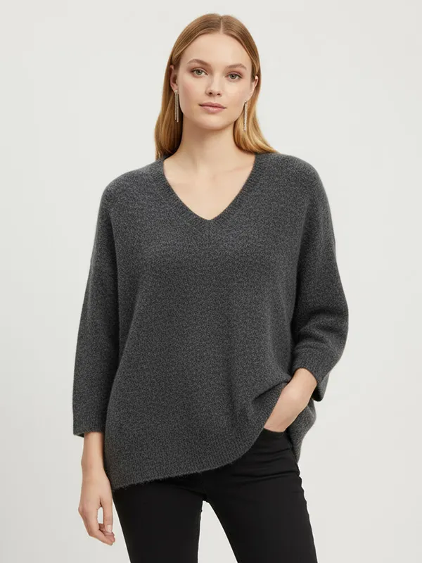 Women's Charcoal Fuzzy V-Neck Oversized Sweater - Custom Cozy Casual Apparel
