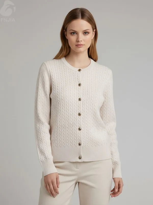 Women's Beige Cable-Knit Crew Neck Cardigan - Custom Classic Textured Apparel