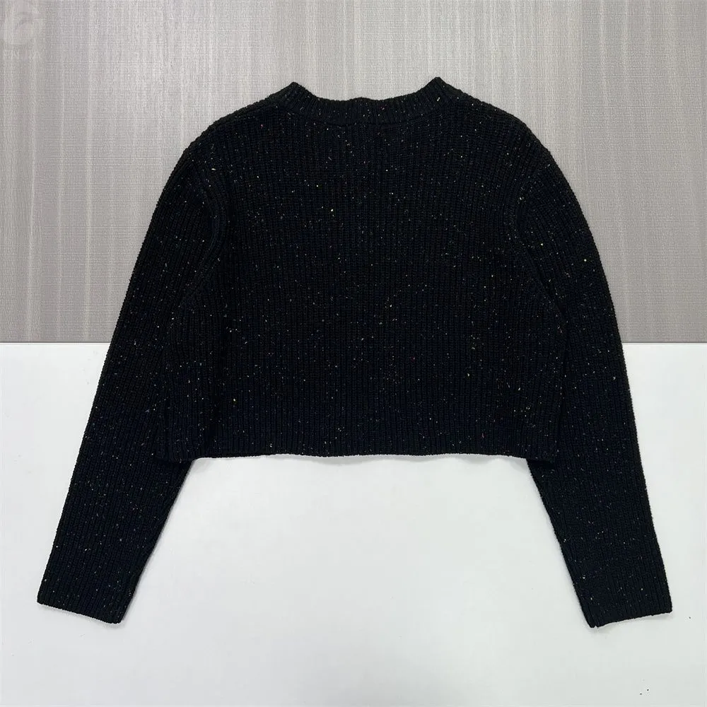 Women's Black Speckled Knit Cropped Cardigan with Heart-Shaped Button Details