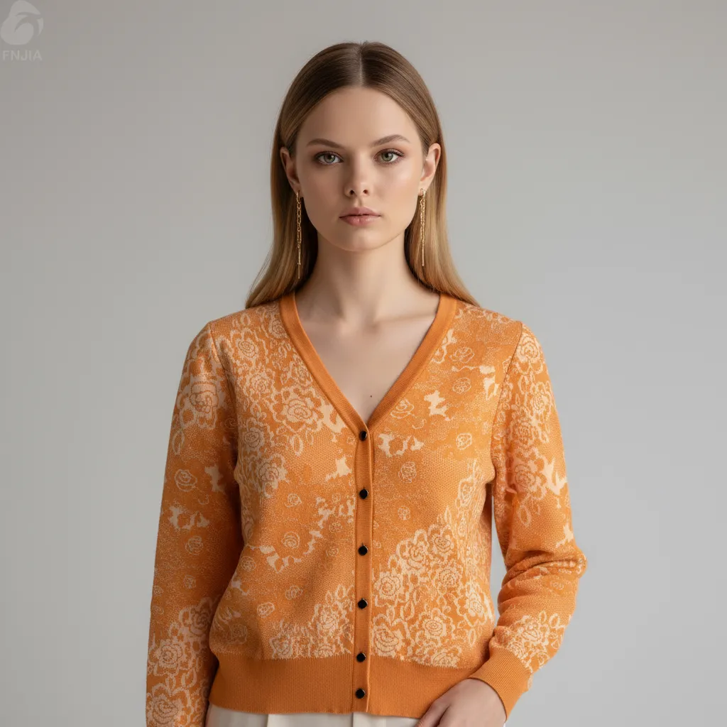 Women's Orange Floral Lace-Knit V-Neck Cardigan - Custom Romantic Elegant Apparel