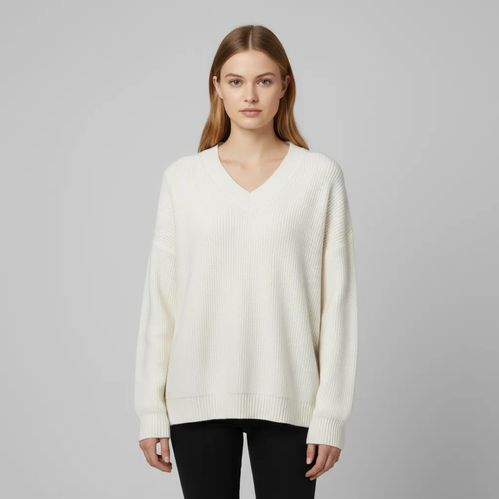 Women's Ivory Ribbed V-Neck Oversized Sweater - Custom Versatile Smart-Casual Apparel