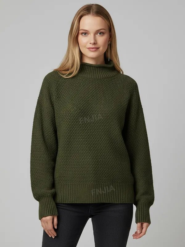 Women's Olive Green Oversized Turtleneck Sweater with Waffle Texture - Custom Cozy Textured Apparel