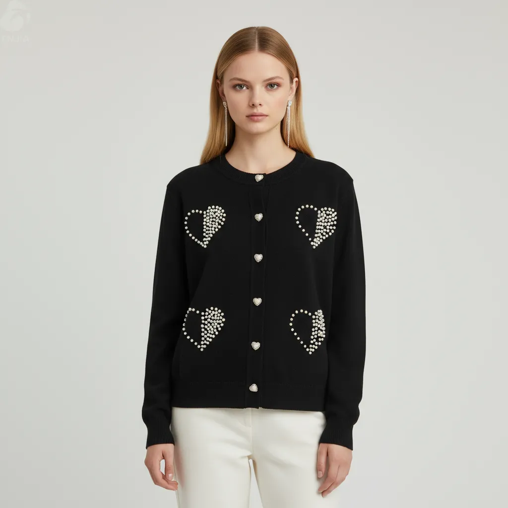 Women's Black Knit Cardigan with Pearl Heart Embellishments - Custom Playful Statement Apparel