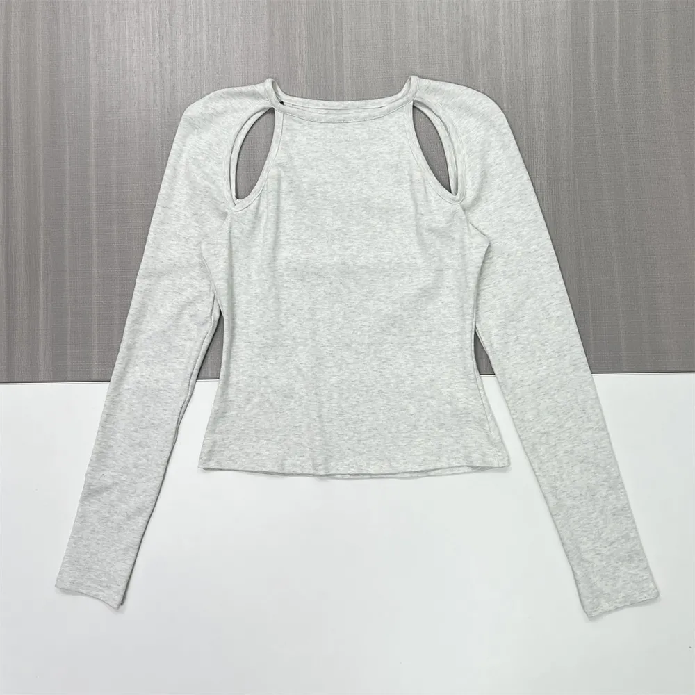Women's Light Grey Rib-Knit Sweater (Crew Neck, Cut-Out Shoulder Detail)