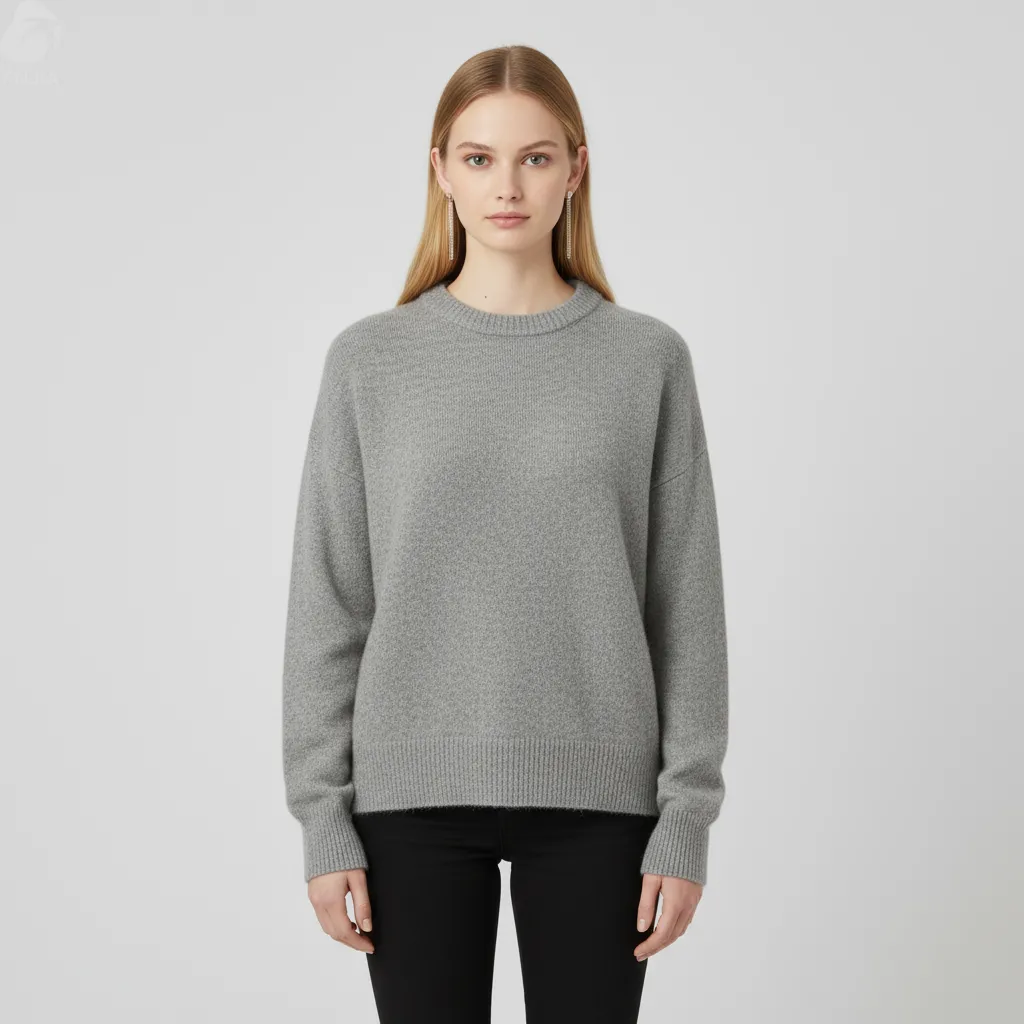 Women's Heather Grey Crew Neck Knit Sweater (Oversized Fit, Soft Texture)