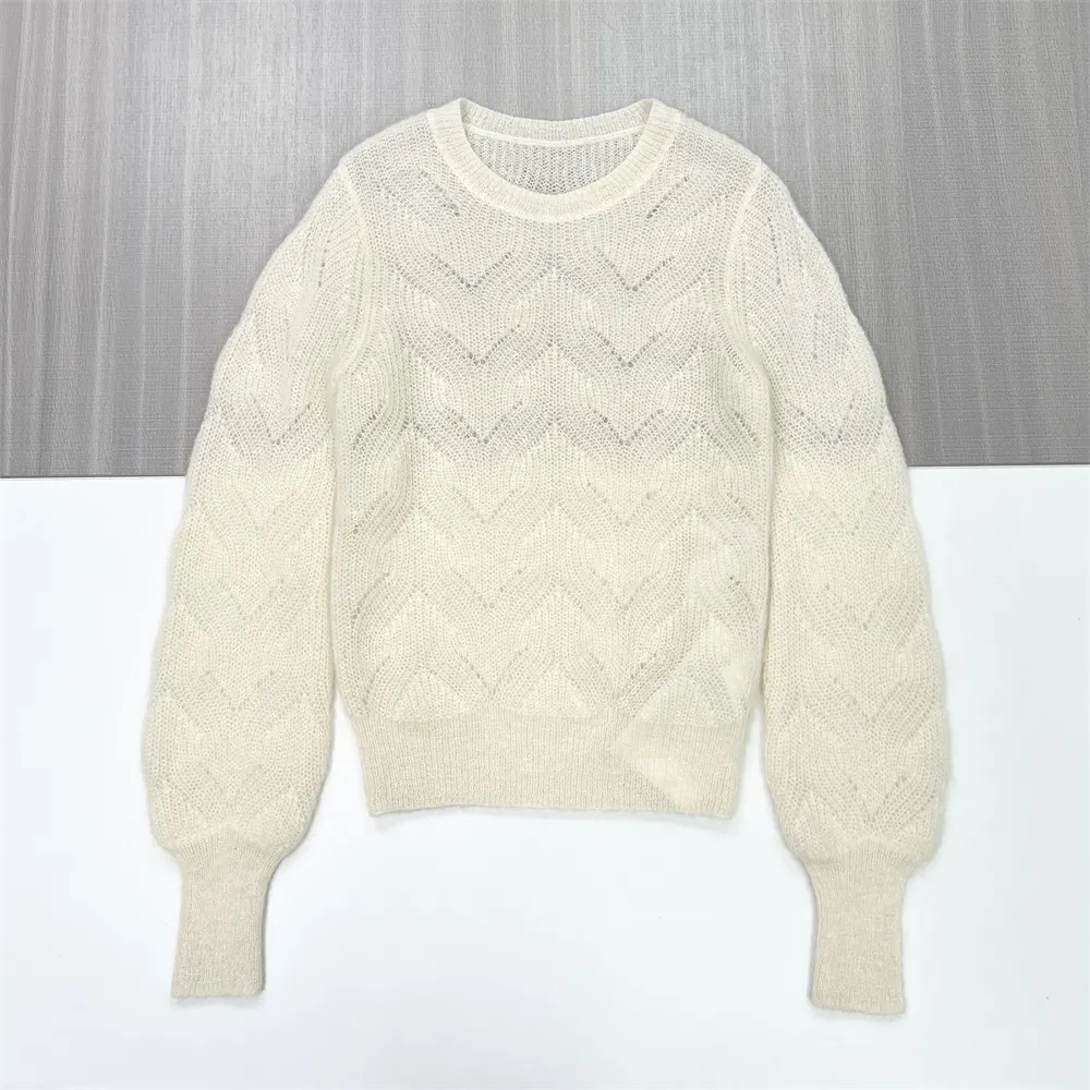 Women's Cream Openwork Knit Sweater (Chevron Pattern, Puff Sleeves)