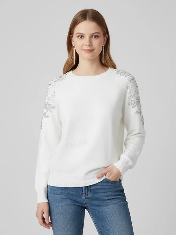 Women's White Knit Sweater with Shimmery Shoulder Embroidery