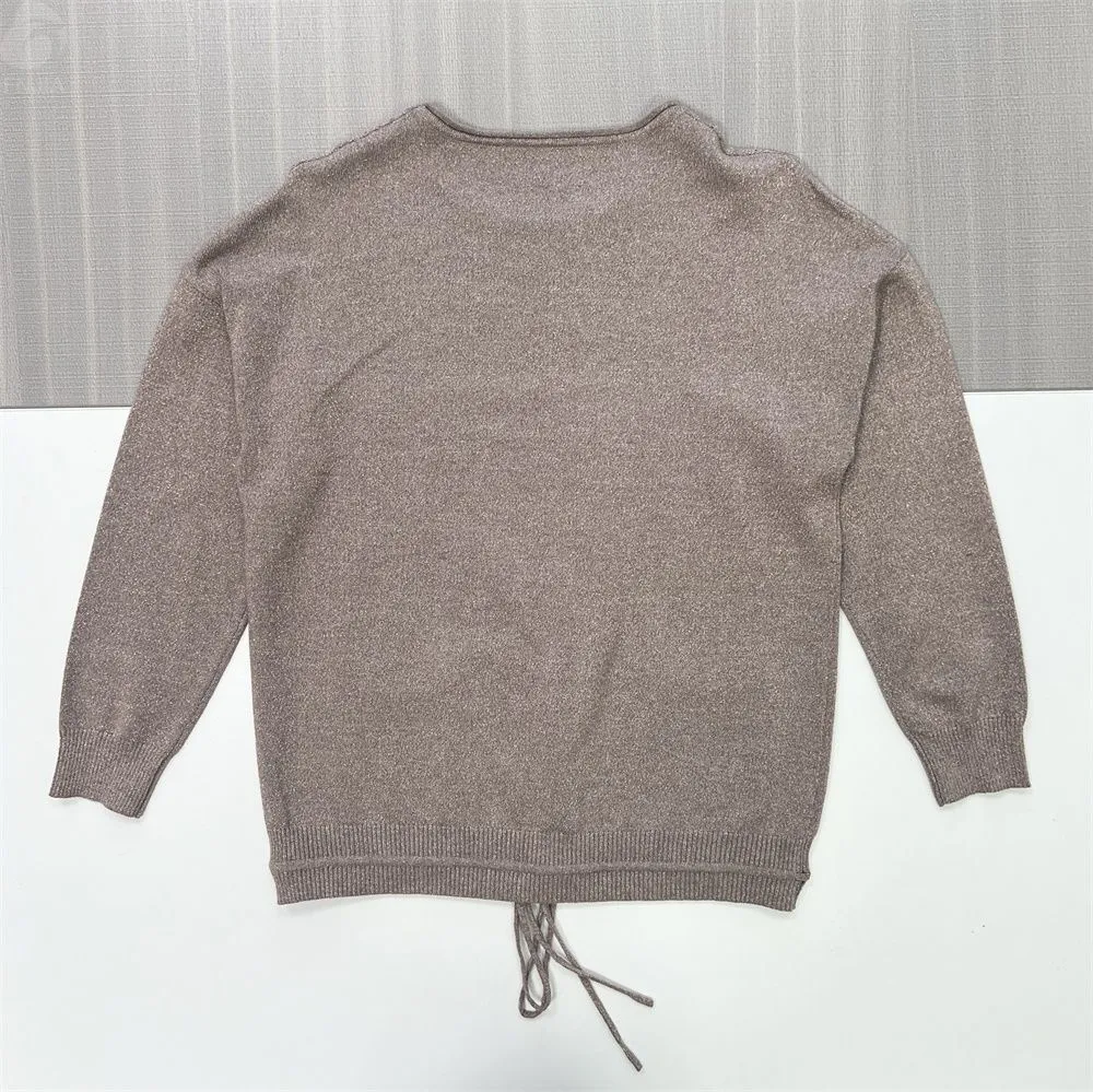 Women's Taupe Openwork Knit Sweater (Crew Neck, Drawstring Waist & Patch Pockets)