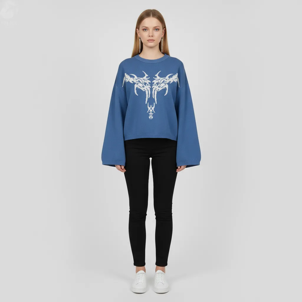 Women's Royal Blue Graphic Knit Sweater (Oversized Bell Sleeve, Cropped Fit)